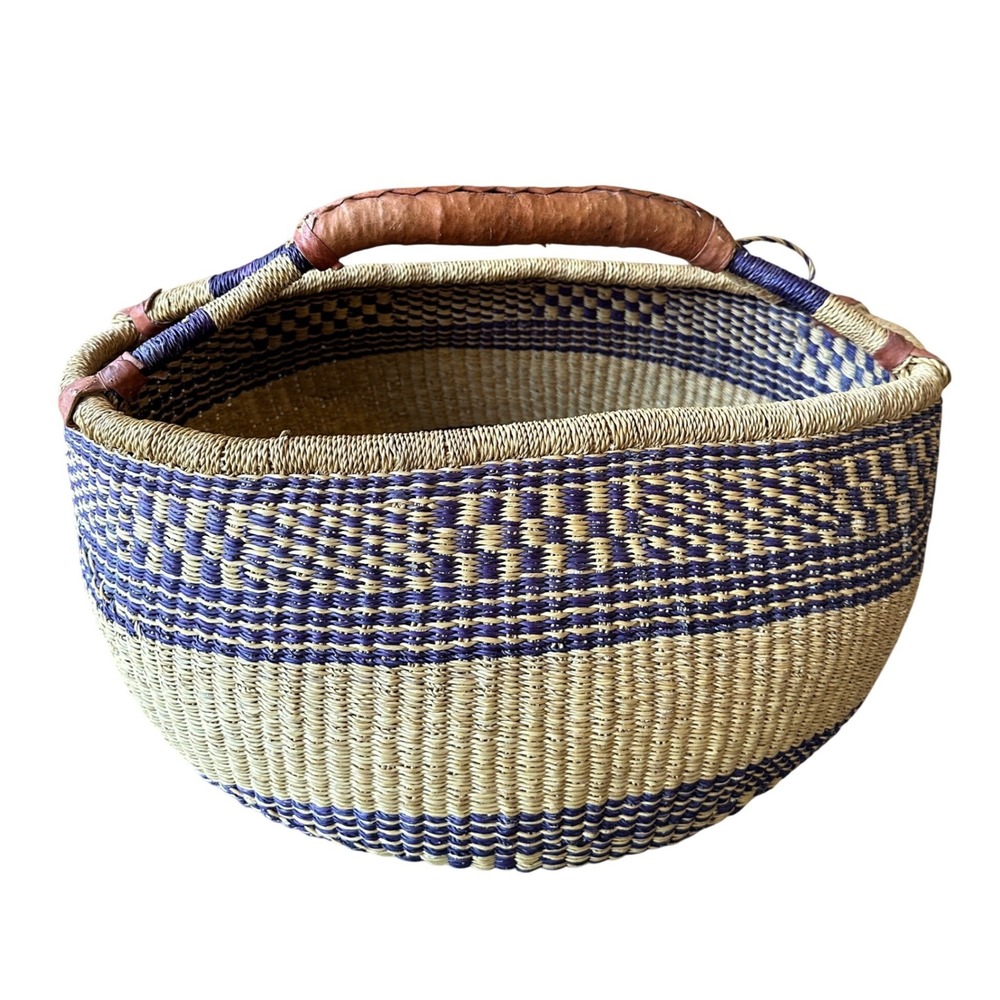 Handmade Woven Bolga Market Basket Purple Natural Straw Leather Handle